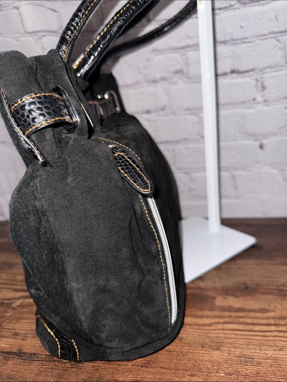Black Suede Tote with Leather Trim and Stud Details - Picture 4 of 9